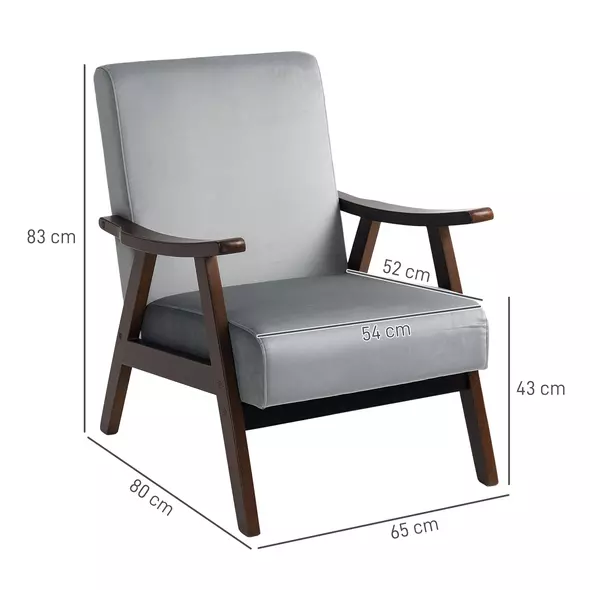 HOMCOM Nordic Accent Chair, Upholstered Velvet Armchair with Solid Wood Frame and Soft Thick Padded for Living Room, Bedroom, Grey - 3