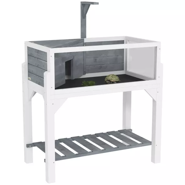 PawHut Wooden Tortoise House with Storage Shelf, Clear Observation Windows, Lamp Holder, Openable Top, Built-in Tray, Grey - 1