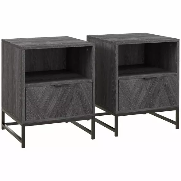 HOMCOM Bedside Table with Drawer and Shelf, Side End Table with Steel Legs for Living Room, Bedroom, Set of 2, Dark Grey - 1