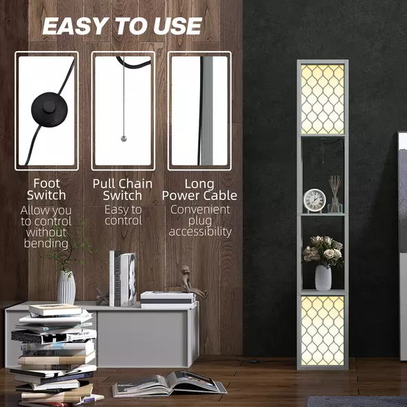 HOMCOM Floor Lamp with Shelves, Dual Light, Modern Tall Standing Lamps, with Pull Chain Switch (Bulb not Included), Light Grey - 6