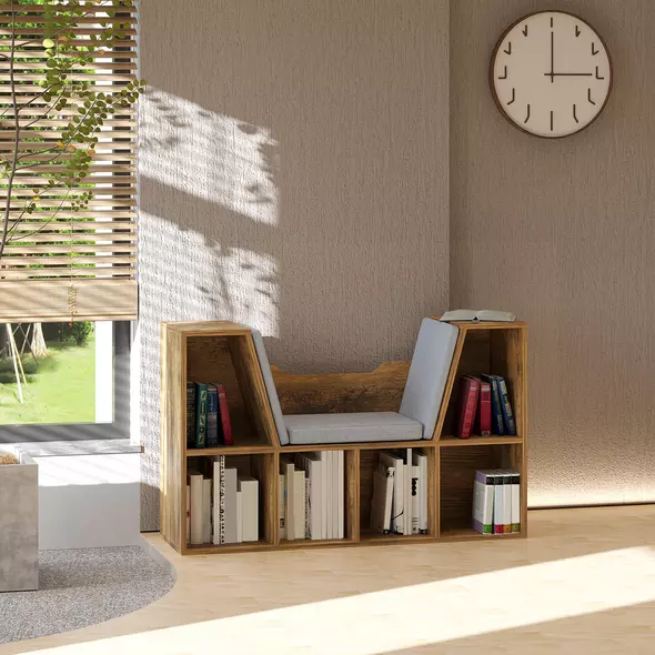 HOMCOM Bookcase Storage Shelf with Cushioned Reading Seat, Cube Bookshelf Organizer for Bedroom Living Room, Rustic Brown - 2