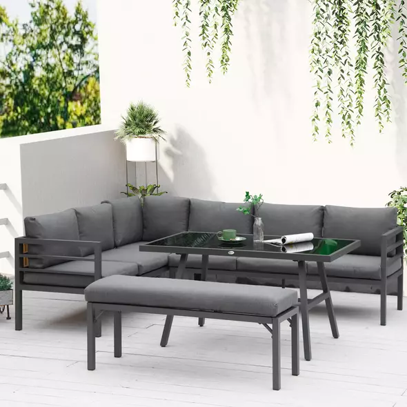 Outsunny 4 Piece L-shaped Garden Furniture Set 8-Seater Aluminium Outdoor Dining Set Conversation Sofa Set w/ Bench, Dining Table & Cushions, Grey - 2