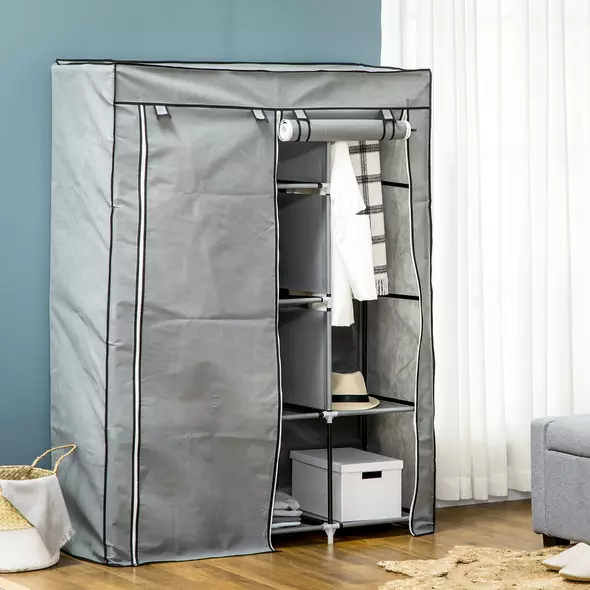 HOMCOM Fabric Wardrobe, with Rails and Shelves - Light Grey - 7