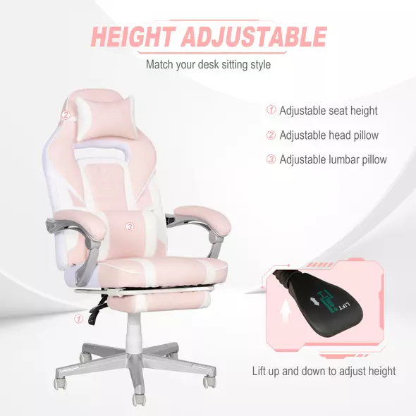 HOMCOM Faux Leather Reclining Gaming Chair, with Footrest - Pink/White - 4