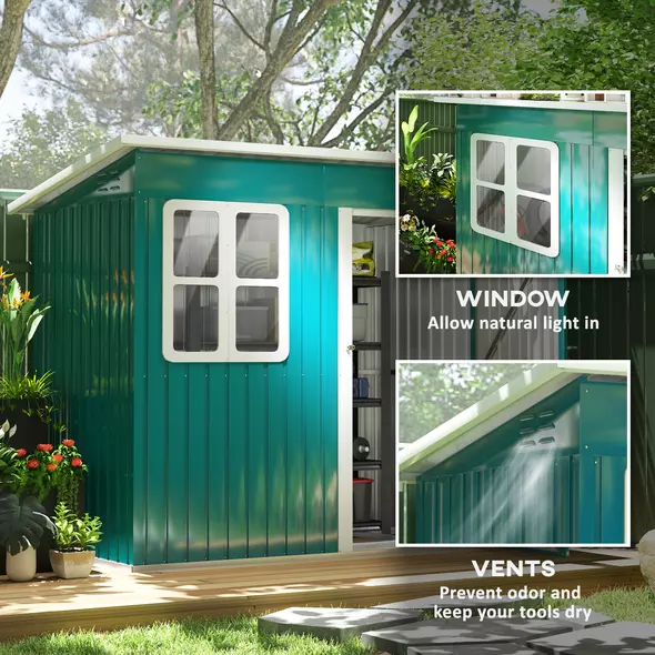Outsunny 7 x 4ft Galvanised Steel Garden Shed, with Lock and Gloves - Green - 6