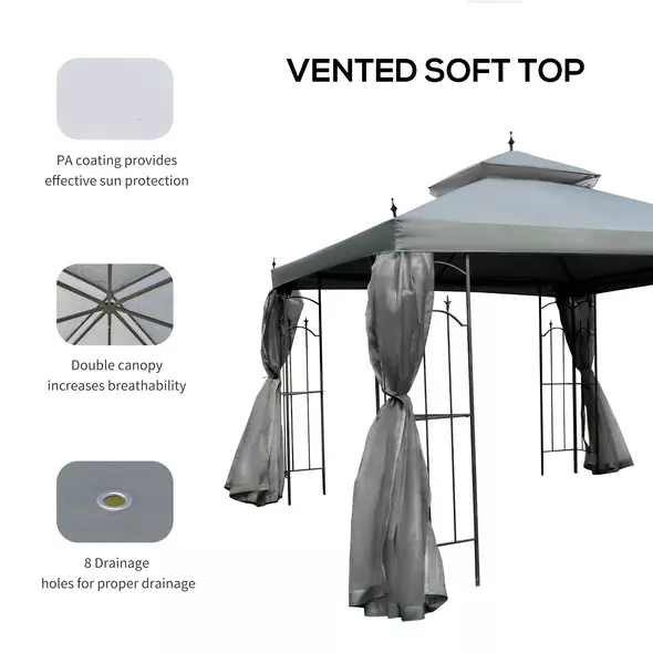 Outsunny 3(M)x3(M) Garden Gazebo Double Top Outdoor Canopy Patio Event Party Wedding Tent Backyard Sun Shade with Netting - Grey - 6