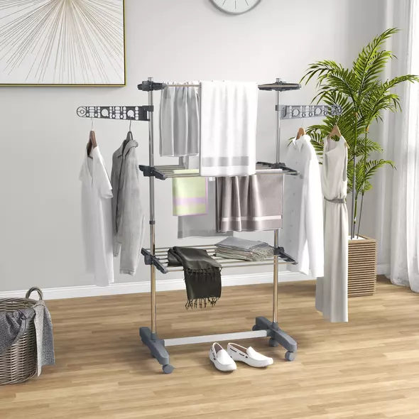HOMCOM Three-Shelf Collapsing Clothes Horse, With Side Arms and Wheels - Grey - 2
