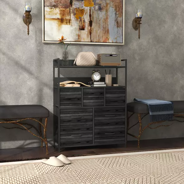 HOMCOM Rustic Chest of Seven Fabric Drawers - Black - 2
