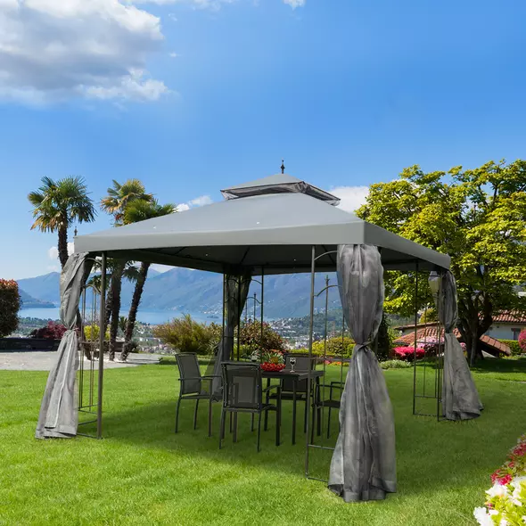 Outsunny 3(M)x3(M) Garden Gazebo Double Top Outdoor Canopy Patio Event Party Wedding Tent Backyard Sun Shade with Netting - Grey - 2
