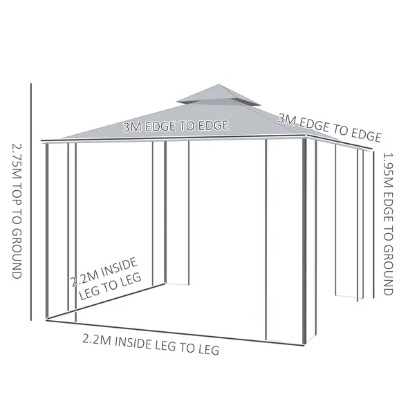 Outsunny 3(M)x3(M) Garden Gazebo Double Top Outdoor Canopy Patio Event Party Wedding Tent Backyard Sun Shade with Netting - Grey - 3