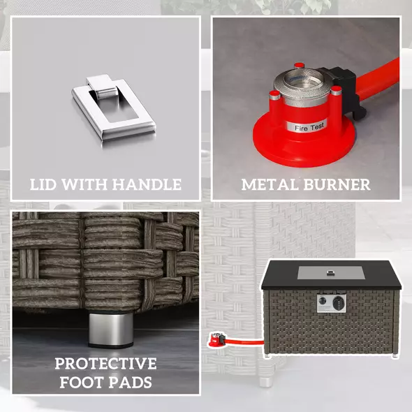 Outsunny Rattan Gas Fire Pit Table for Garden, 13 KW Smokeless Propane Fire Pit with Lid, Square Garden Coffee Table with Patio Heater for Outdoor, Patio, 58 x 58 x 33 cm, Grey - 8