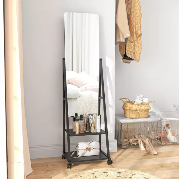HOMCOM Free Standing Dressing Mirror, Rolling Full Length Mirror on Wheels with Adjustable Angle, Storage Shelves for Bedroom - 8