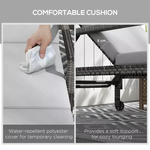 Outsunny Outdoor PE Rattan Sun Lounger Set of 2, Wicker Chaise Recliner Garden Chair with 5-Level Adjustable Backrest and 2 Wheels, Grey - 6