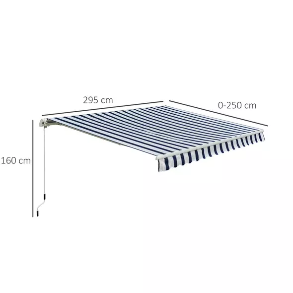 Outsunny Manual Retractable Awning, 3x2.5 m-Blue/White Stripes - 3