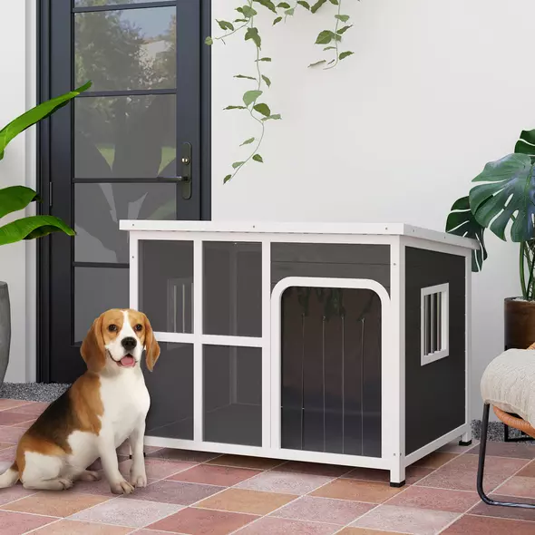 PawHut Wooden Outdoor Dog House, with Asphalt Openable Top, Removable Floor, Clear Front Panel, Curtain, 103 x 77 x 83cm - 2