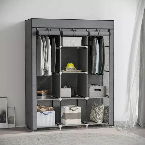 HOMCOM Fabric Wardrobe, with Rails and Shelves - Dark Grey - 2