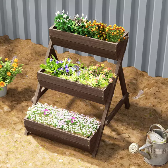 Outsunny 3 Tier Raised Garden Bed Wooden Elevated Planter Box Kit, 66L for Flower, Vegetable, Herb, 65x75x78cm, Tan - 8