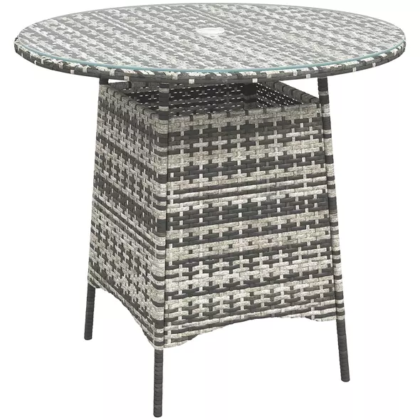 Outsunny Wicker Garden Rattan Table, Patio Furniture Outdoor Coffee Table with Umbrella Hole and Tempered Glass Top, Grey - 1