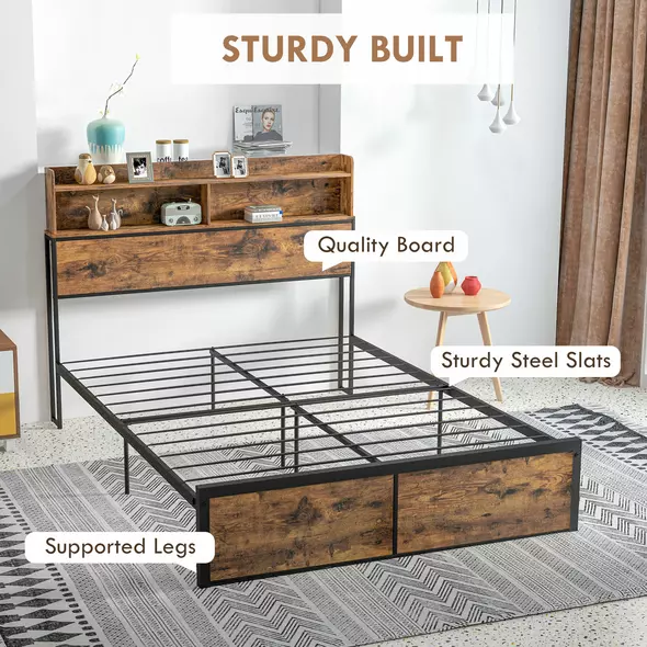 HOMCOM Industrial Double Bed Frame with Storage Headboard & Under-Bed Space – Robust Steel Base, 4.8 ft Double Bed, Rustic Brown - 7