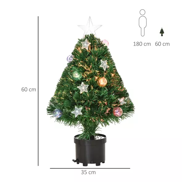 HOMCOM 2FT Pre-lit Artificial Christmas Tree Tabletop Multicoloured Fibre Optic Xmas Decoration w/ LED Lights Pot Table Desk - Green - 3