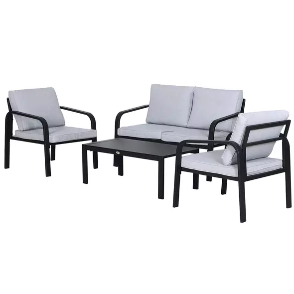 Outsunny 4pcs Garden Sofa Set 2 Single Armchair, 1 Bench & 1 Coffee Table Set Aluminum Frame Patio Furniture with Cushions, Black - 1