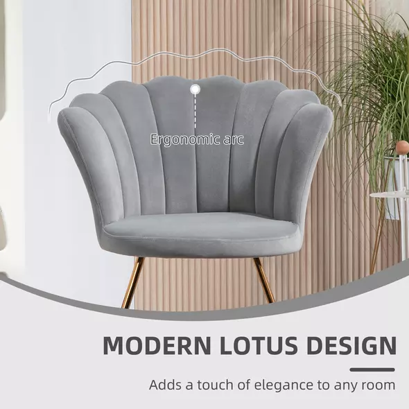 HOMCOM Velvet-Feel Lotus Petal Accent Chair - Grey - 6