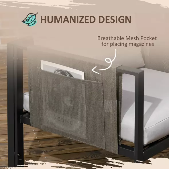 Outsunny 4 Piece Metal Garden Furniture Set with Tempered Glass Coffee Table, Texteline Pocket, Outdoor Set Loveseat Single Armchairs with Padded Cushions, Light Grey - 4