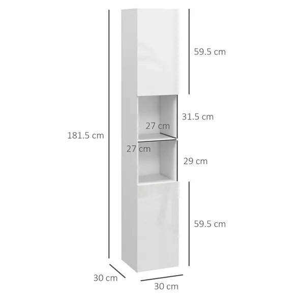 kleankin Multi-Storage Slim Bathroom Cabinet - High Gloss White - 3