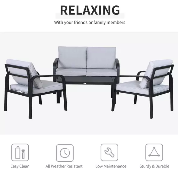 Outsunny 4pcs Garden Sofa Set 2 Single Armchair, 1 Bench & 1 Coffee Table Set Aluminum Frame Patio Furniture with Cushions, Black - 5