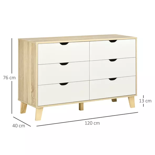 HOMCOM Bedroom Chest of Drawers, Wide 6-Drawer Dresser, Storage Drawer Unit with Wood Legs for Living Room, White and Light Brown - 3