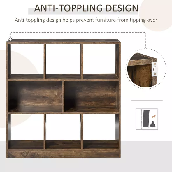 HOMCOM 3-Tier Bookcase, Storage Shelf Unit with Open Compartments, for Living Room, Bedroom, Office, Divider, 97.5 x 30 x 100 cm, Rustic Brown - 7