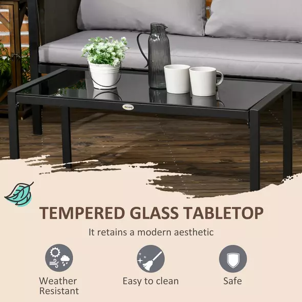 Outsunny 4 Piece Metal Garden Furniture Set with Tempered Glass Coffee Table, Texteline Pocket, Outdoor Set Loveseat Single Armchairs with Padded Cushions, Light Grey - 5
