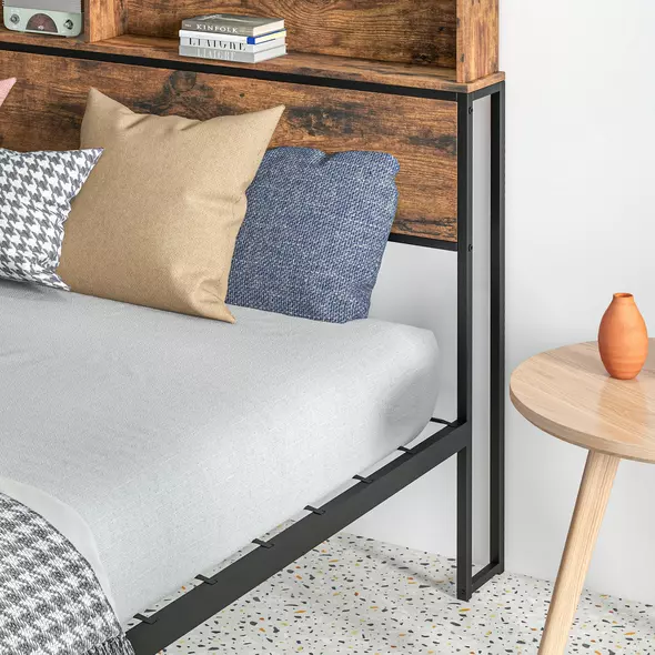 HOMCOM Industrial Double Bed Frame with Storage Headboard & Under-Bed Space – Robust Steel Base, 4.8 ft Double Bed, Rustic Brown - 9