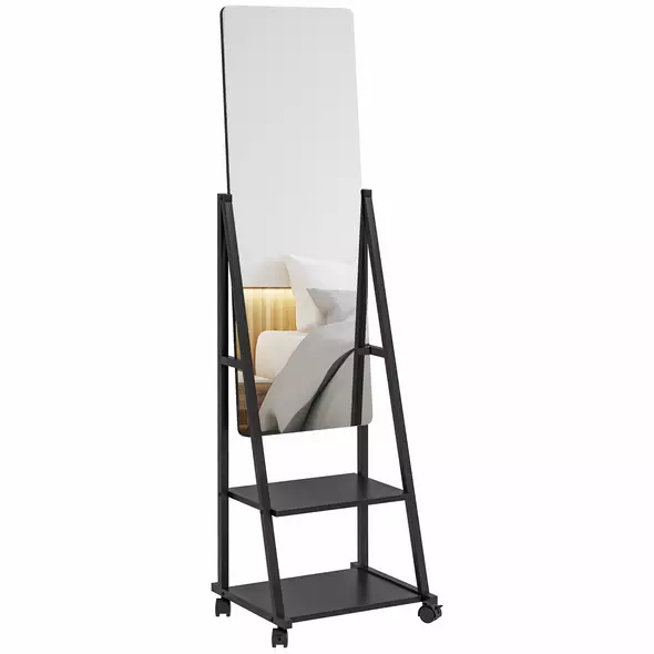 HOMCOM Free Standing Dressing Mirror, Rolling Full Length Mirror on Wheels with Adjustable Angle, Storage Shelves for Bedroom - 1