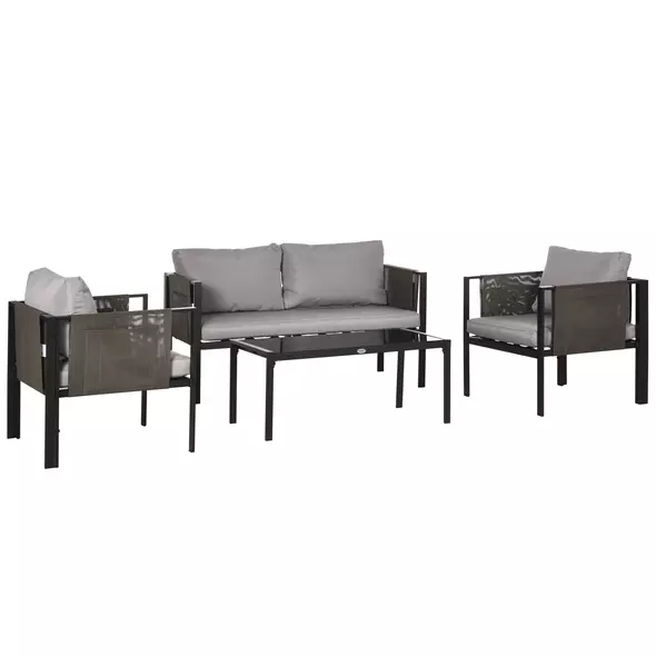 Outsunny 4 Piece Metal Garden Furniture Set with Tempered Glass Coffee Table, Texteline Pocket, Outdoor Set Loveseat Single Armchairs with Padded Cushions, Light Grey - 1