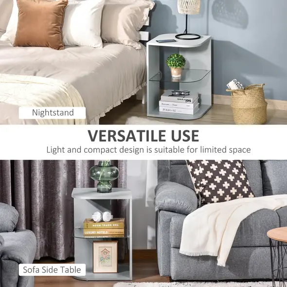 HOMCOM Modern Side Table Set of 2, Three Layer Bedside Table Nightstand with 2 Storage Shelves, for Living room, Bedroom, Grey - 6