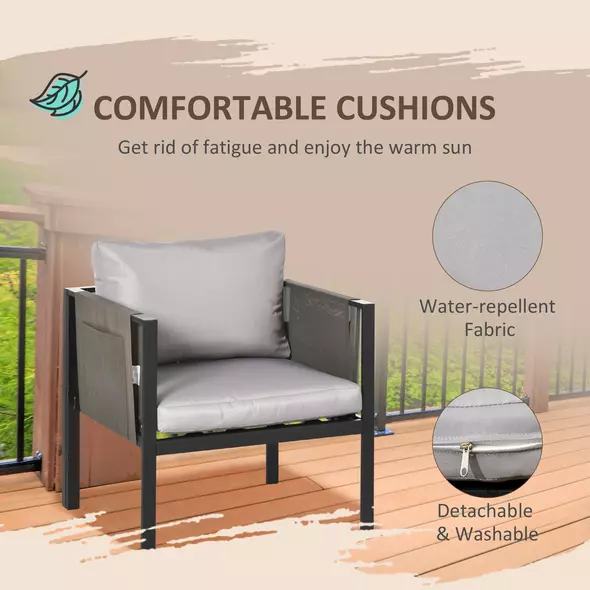Outsunny 4 Piece Metal Garden Furniture Set with Tempered Glass Coffee Table, Texteline Pocket, Outdoor Set Loveseat Single Armchairs with Padded Cushions, Light Grey - 6