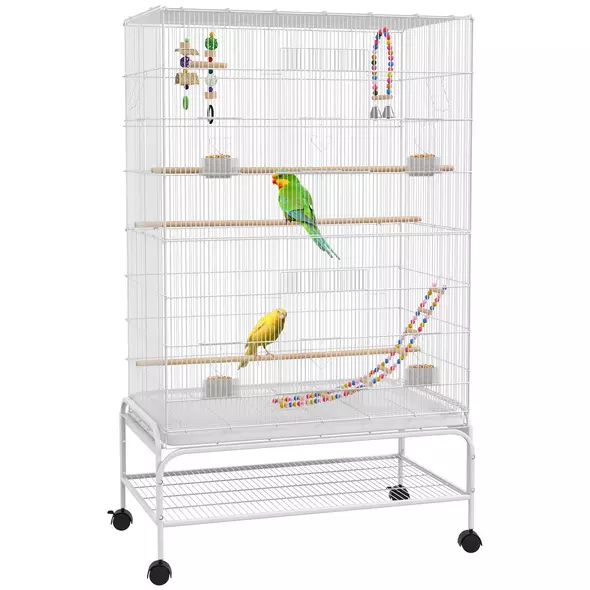 PawHut Bird Cage w/ Stand, Toys, Accessories, for Canaries, Finches, White - 1