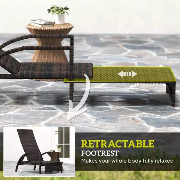 Outsunny Reclining Rattan Lounger, with Extending Footrest - Brown - 5