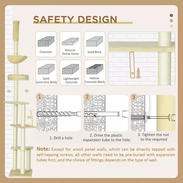 PawHut 230-250cm Floor-to-Ceiling Climbing Cat Tree Tower - Beige - 7