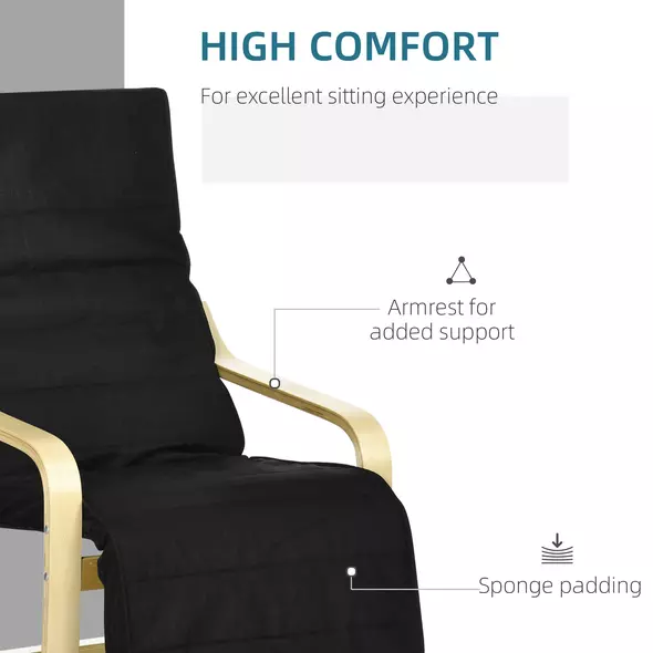 HOMCOM Wooden Armchair, Upholstered Linen Lounge Chair with Adjustable Footrest & Removable Cushion, Poang Chair for Living Room, Black - 4