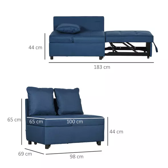 HOMCOM 3-In-1 Single Sofa Bed with Thick Padded Seat & 5-position Adjustable Back for Living Room, Bedroom, Blue - 3