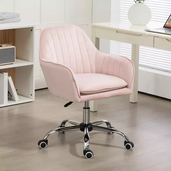 HOMCOM Velvet-Feel Tub Office Chair, with Seat Cushion - Pink - 2