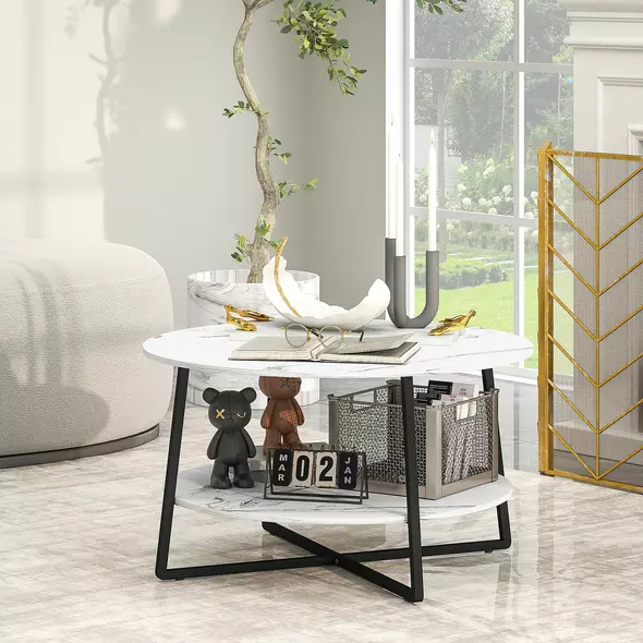 HOMCOM Two-Tier Marble-Effect Coffee Table - White/Black - 2