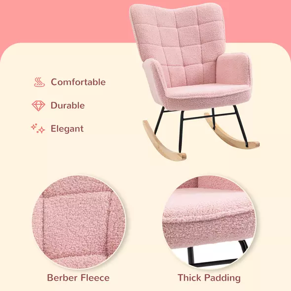 HOMCOM Soft Fleecey Rocking Wingback Chair - Pink - 5