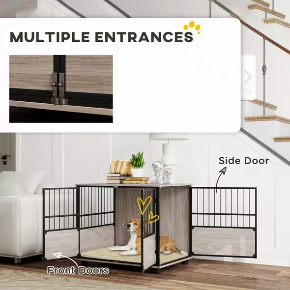 PawHut 80cm Furniture Style Dog Crate Dog Cage End Table Indoor with 3 Doors Soft Washable Cushion, for Medium Sized Dogs - 8