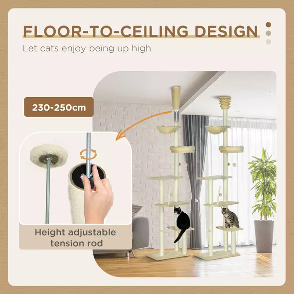PawHut 230-250cm Floor-to-Ceiling Climbing Cat Tree Tower - Beige - 5