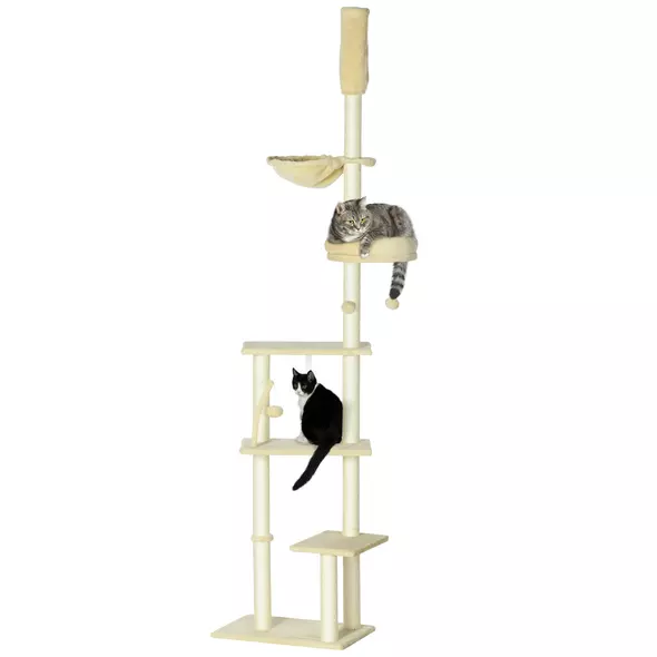 PawHut 230-250cm Floor-to-Ceiling Climbing Cat Tree Tower - Beige - 1