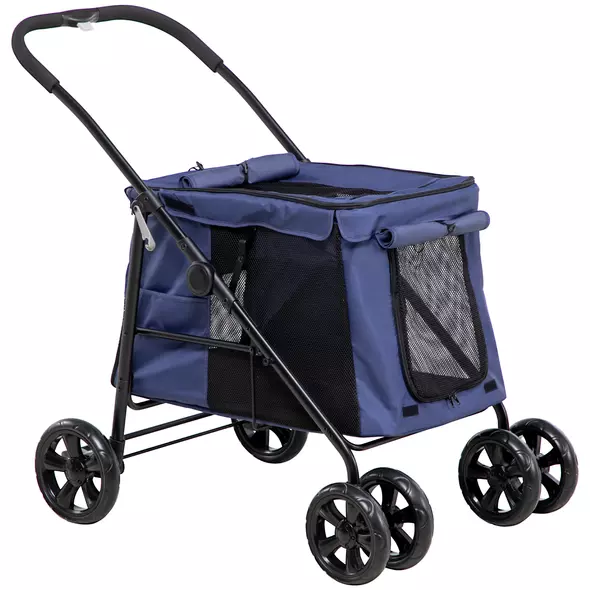 PawHut Dog Pram Dog Stroller 4 Wheels Pet Pushchair with Rolling Door, Cushion, Safety Leashes, for Small and Medium Breeds, Dark Blue - 1
