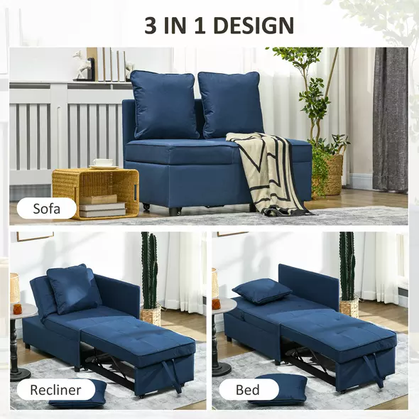 HOMCOM 3-In-1 Single Sofa Bed with Thick Padded Seat & 5-position Adjustable Back for Living Room, Bedroom, Blue - 4